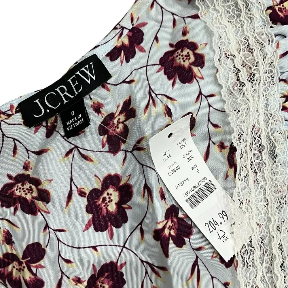 J Crew Midi Floral Lace Trim Dress Womens 0 White Burgundy V Neck Puff CS846